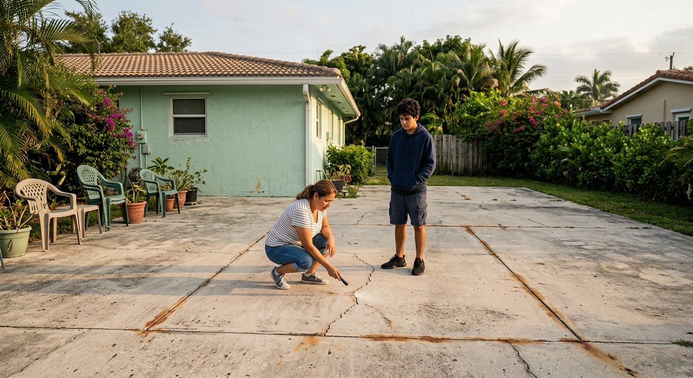 Woman crouching to inspect cracked, rust-stained concrete patio slab beside a South Florida home while a teenager looks on