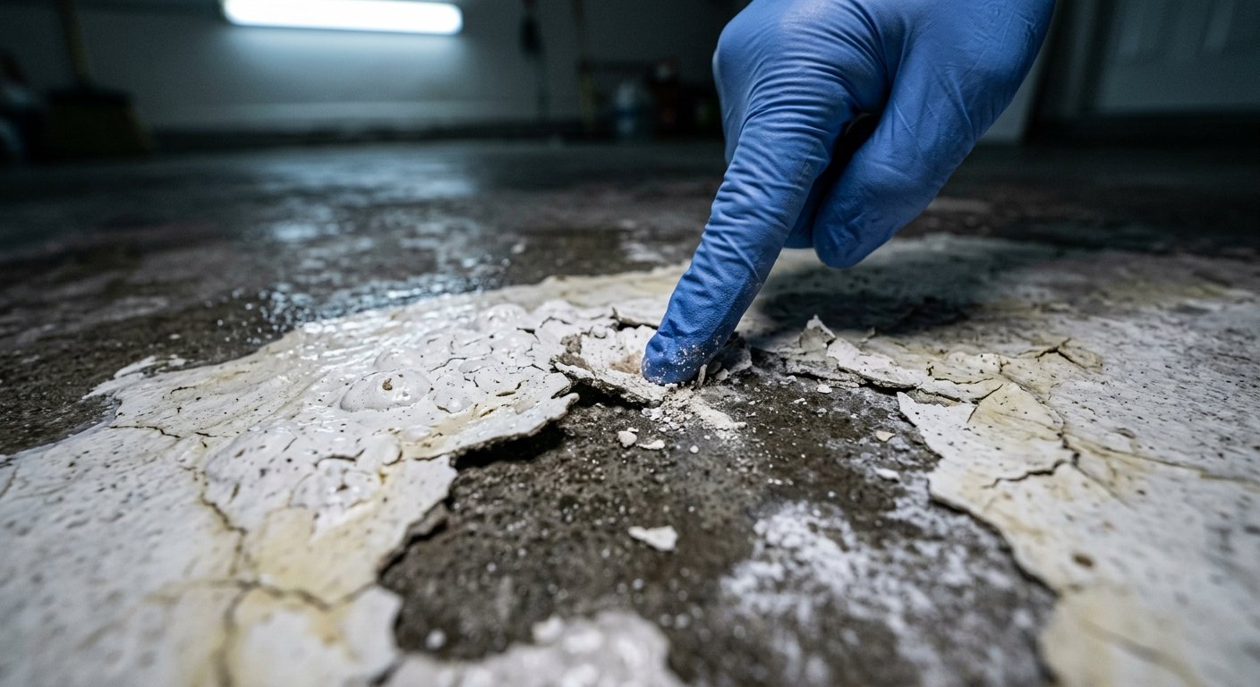 Gloved hand touching a peeling, bubbled epoxy sealant patch on a damp concrete slab in a dim indoor utility space