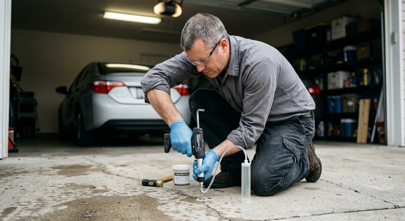 Technician kneeling on garage concrete floor injecting resin into a drilled port in the slab with a handheld tool
