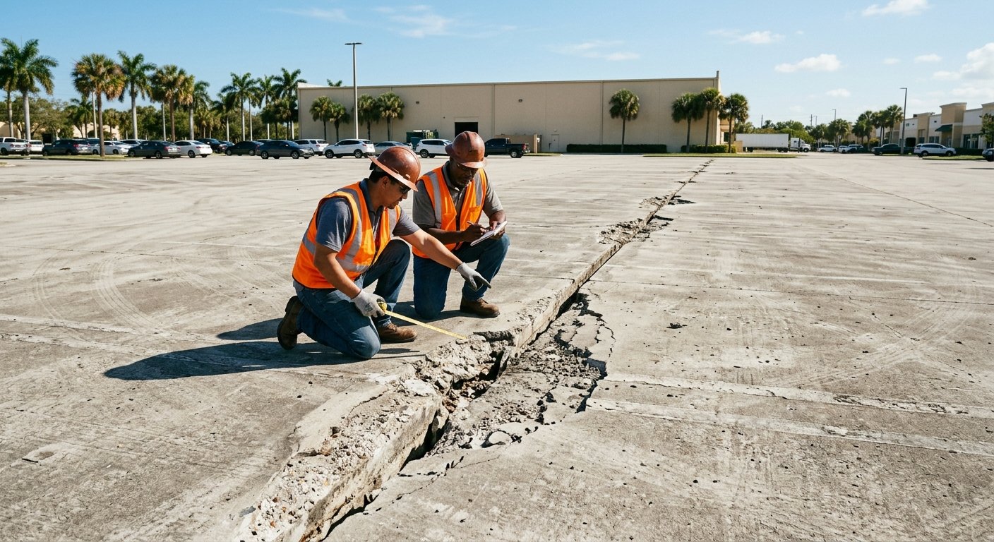 Two workers in safety vests examining a cracked, deteriorated expansion joint in a sun-bleached South Florida parking lot.