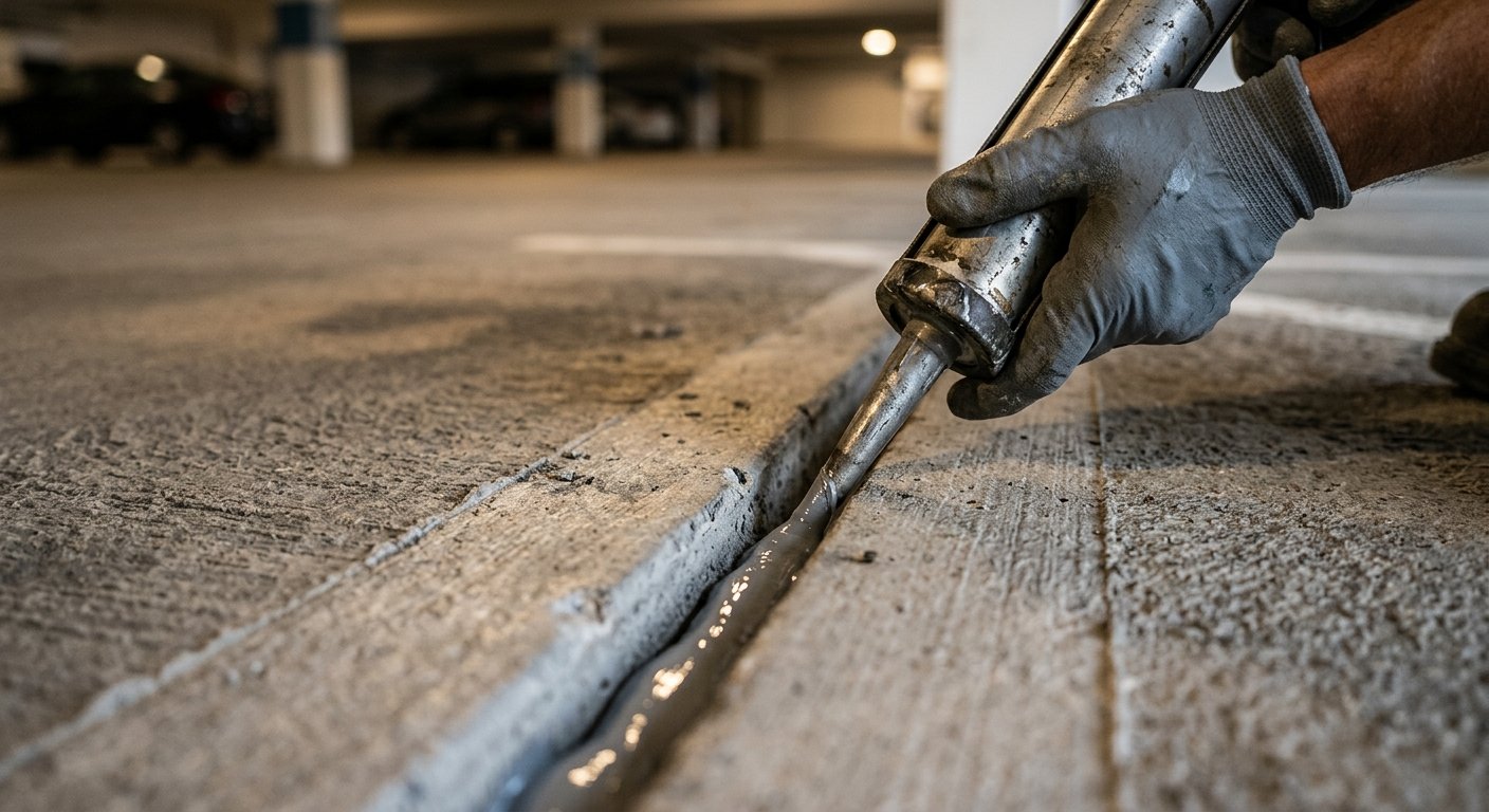 Gloved hand applying gray sealant from a caulking gun into a clean concrete expansion joint on a parking garage deck
