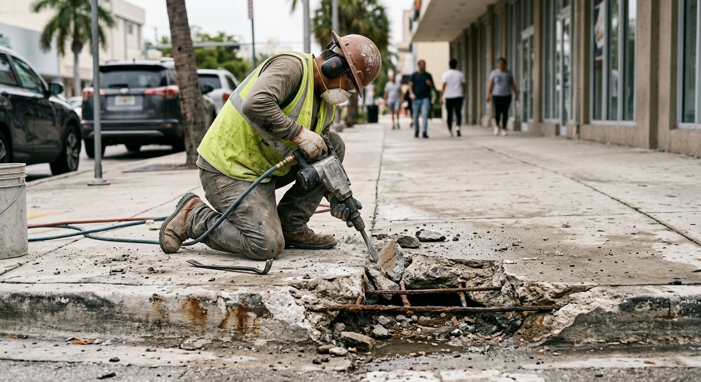 Worker chipping away spalled concrete at a joint edge, revealing corroded rebar beneath on an urban sidewalk.