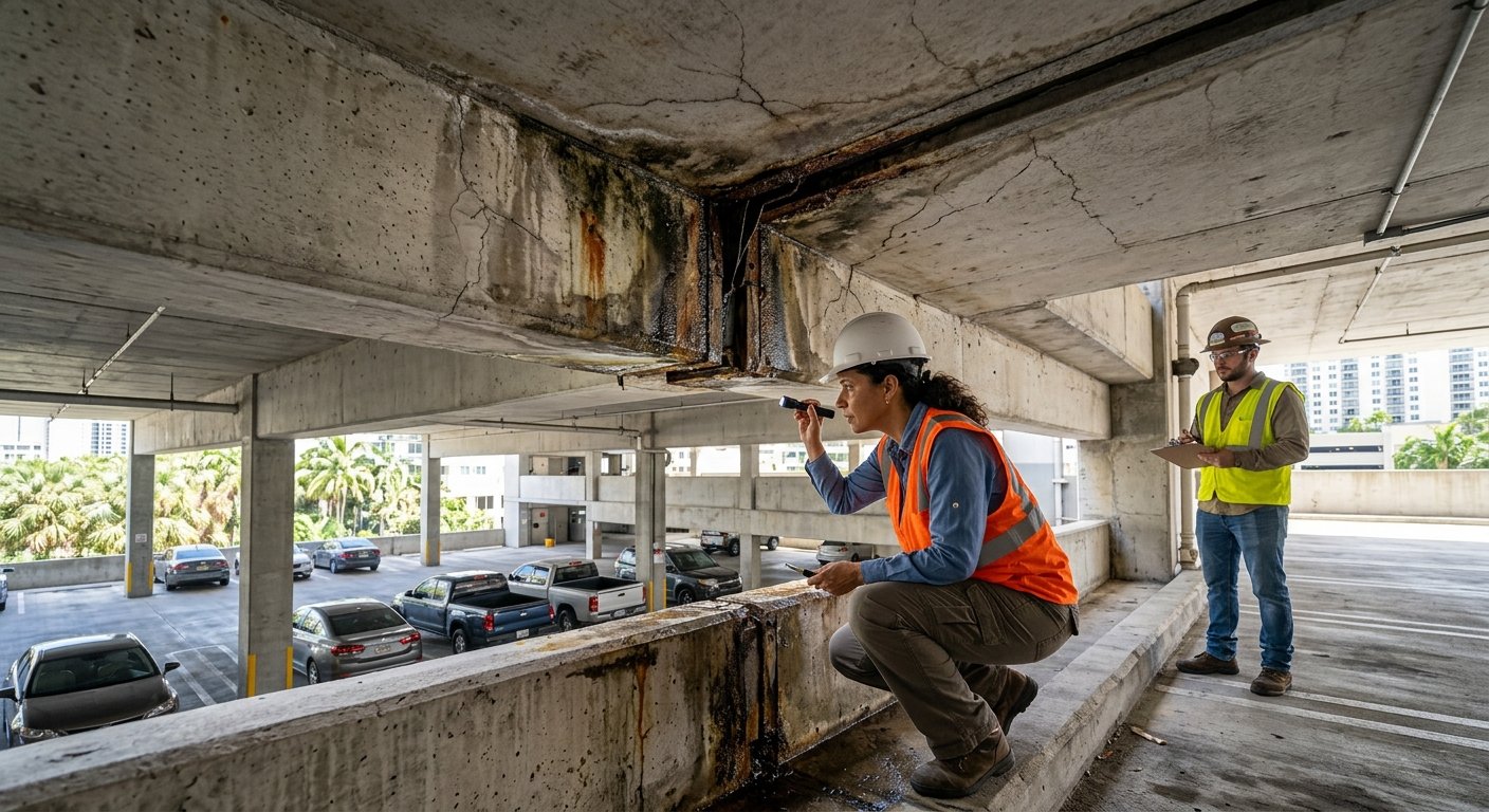 Engineer crouching to inspect a stained, cracked expansion joint on a parking garage concrete ceiling while a coworker review