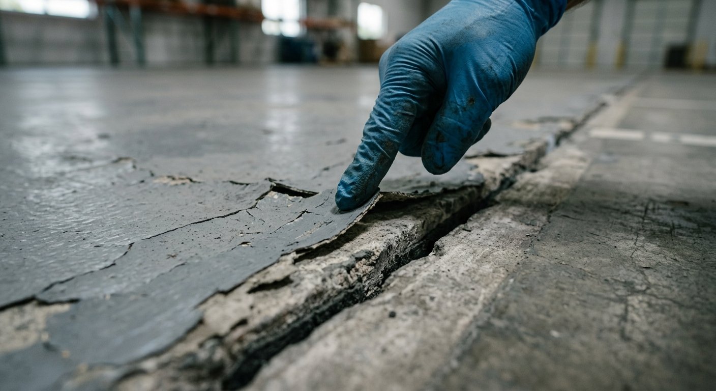 Gloved hand touching a peeling, cracked waterproofing coating split along a concrete expansion joint, exposing bare concrete