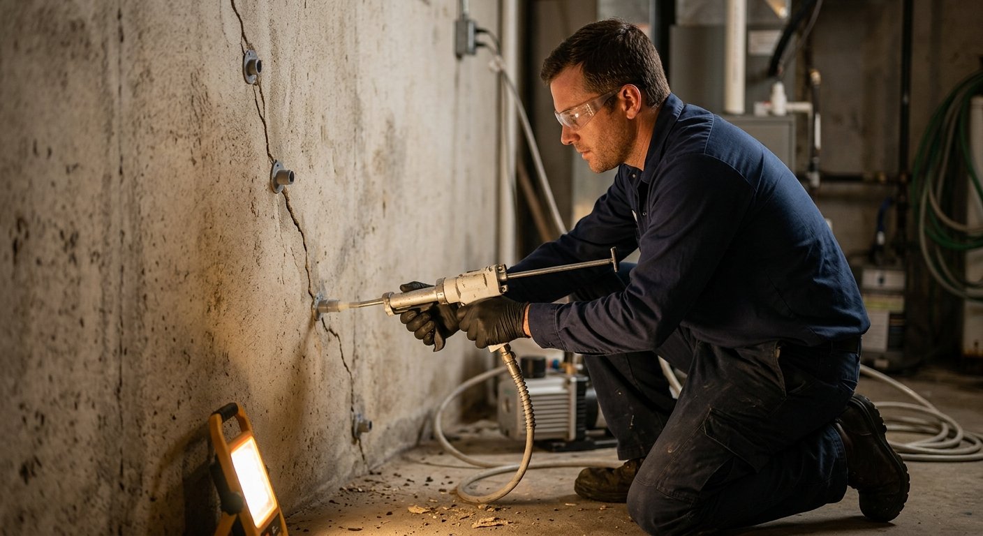 Technician kneeling at a concrete wall, injecting sealant through a drilled port along a crack using a handheld injection gun