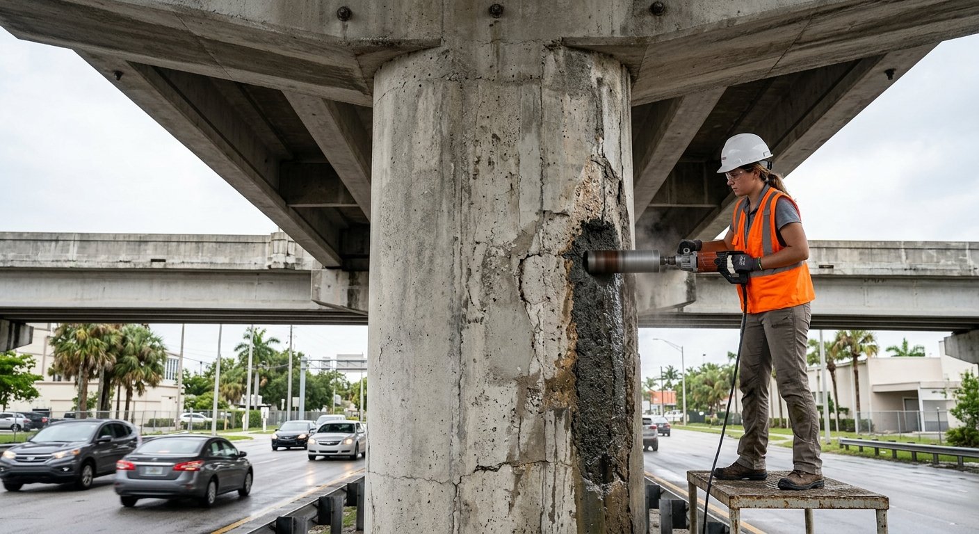 Engineer in hard hat drilling a core sample from a weathered concrete bridge pillar beneath an overpass on a cloudy day