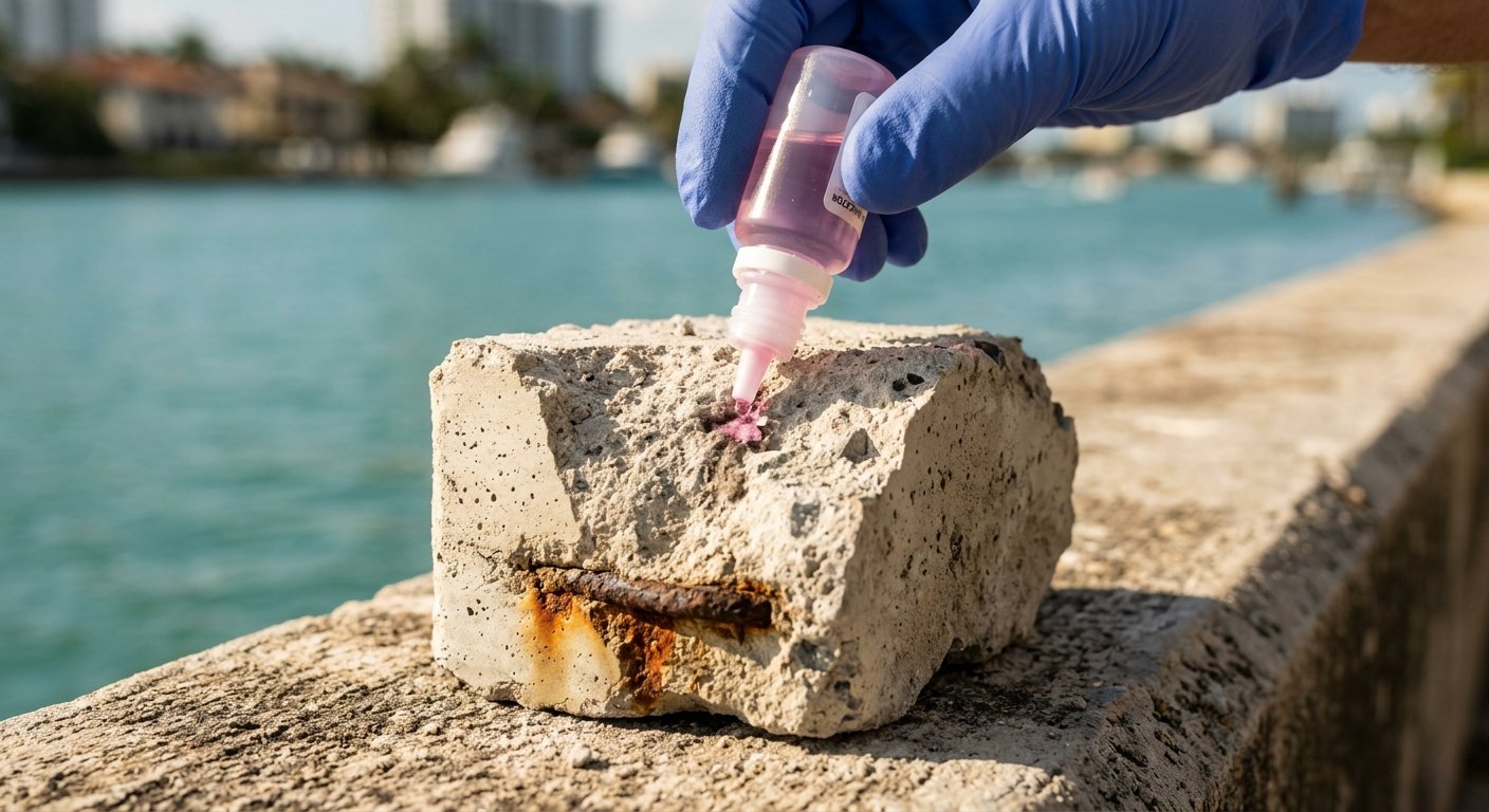 Gloved hand applying phenolphthalein indicator to a broken concrete chunk on a salt-air waterfront ledge, colorless reaction 