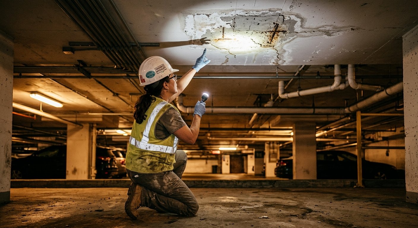 Woman in hard hat examining rust-streaked patched concrete ceiling in a parking garage, flashlight revealing failing surface 