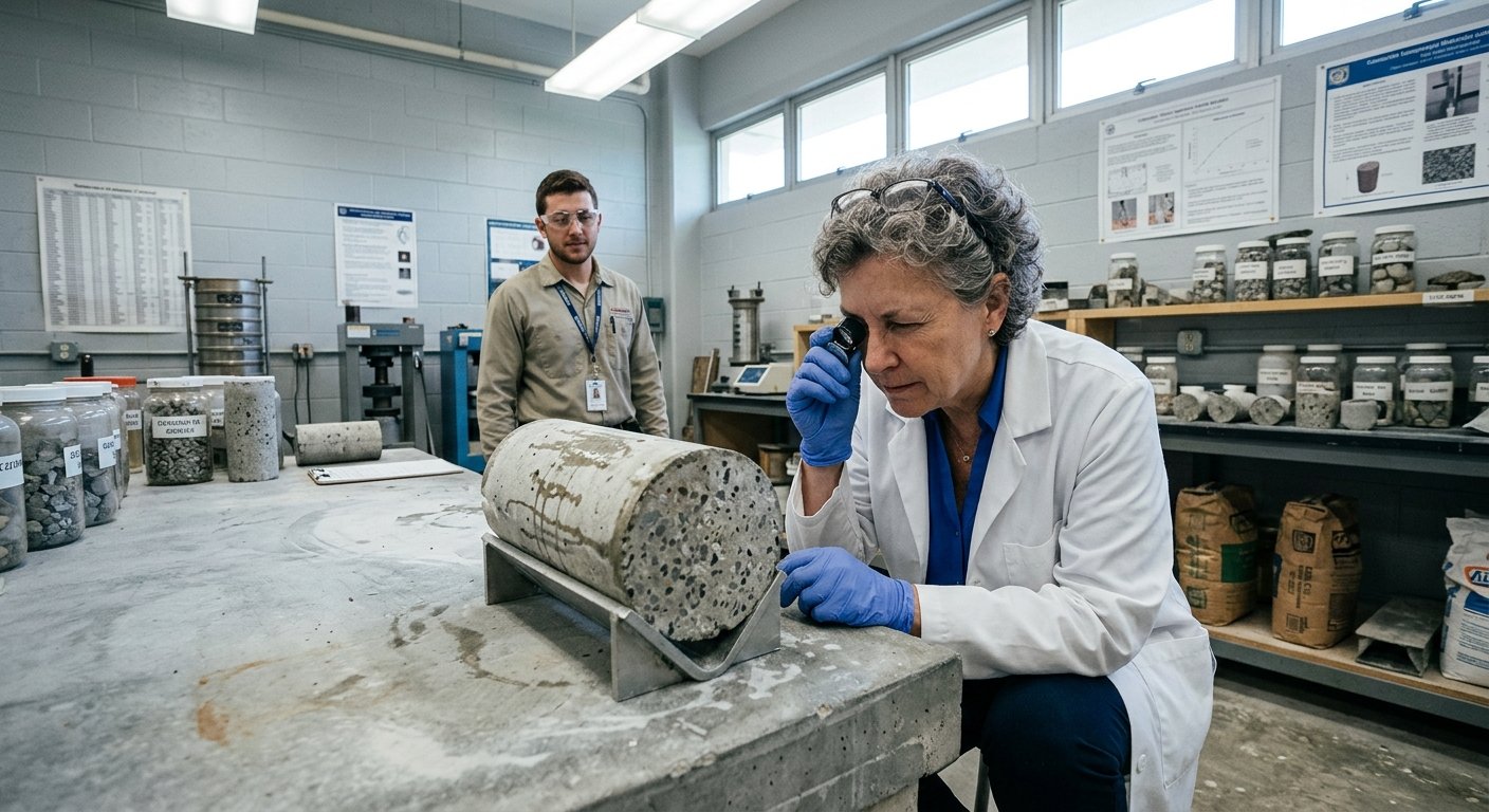 Female scientist examines a concrete core sample with a magnifying loupe in a materials testing lab while a technician looks 
