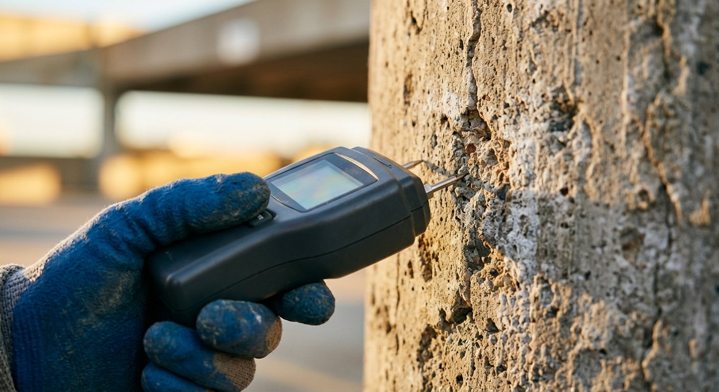 Gloved hand pressing moisture meter probe against pitted, salt-stained concrete column near a coastal South Florida structure
