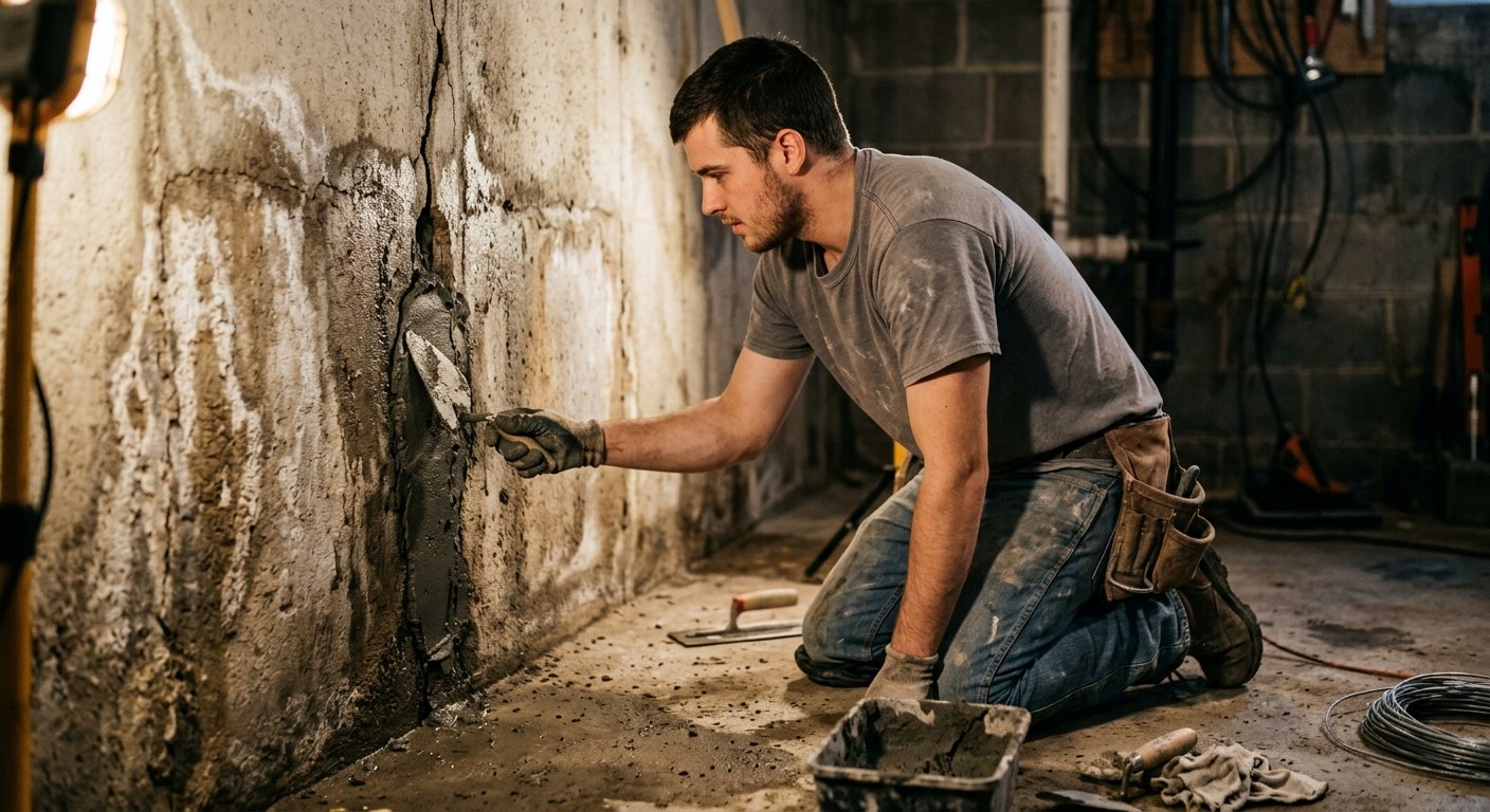 Young male worker kneeling in dim basement, troweling cement patch onto cracked, moisture-stained concrete wall under a singl